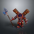Man in Tribal Warrior Outfit Holding Blue Weapon with Scrolls on Back
