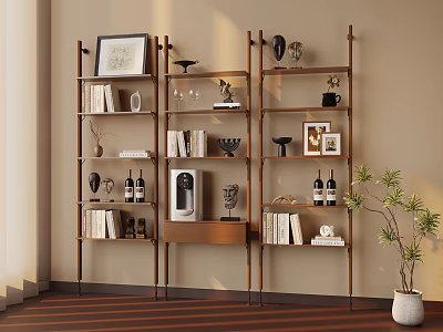 Wooden Shelves With Decorative Items Books Coffee Machine And Potted Plant 3d model