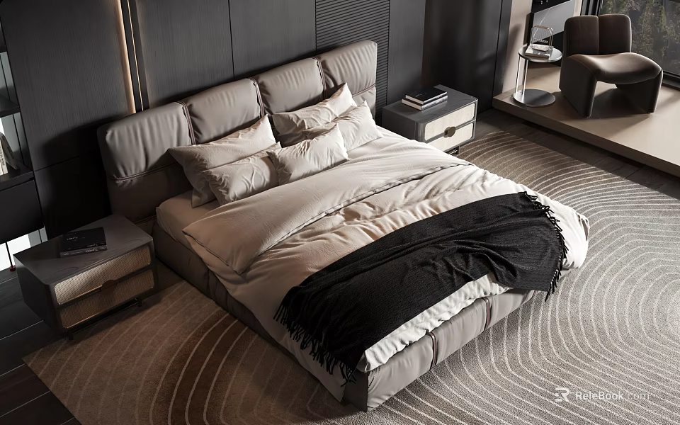 Modern Upholstered Double Bed With Gray Headboard Beige Pillows Black Blanket And Textured Carpet 3d model 