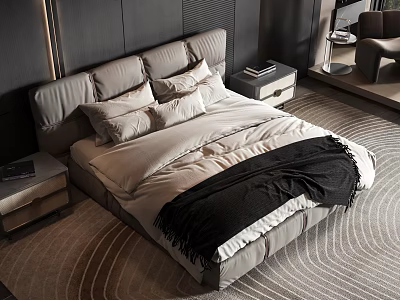 Modern Upholstered Double Bed With Gray Headboard Beige Pillows Black Blanket And Textured Carpet 3d model