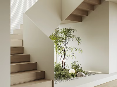 Modern Wooden Staircase Interior Design With Green Plants And Pebbles 3d model