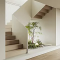 Modern Wooden Staircase Interior Design With Green Plants And Pebbles