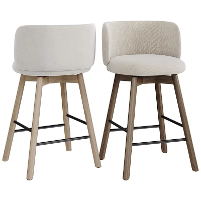 Modern Minimalist Bar Stools With Beige Fabric Upholstery And Wooden Legs Black Crossbar 3d model
