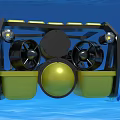Yellow Industrial Underwater Equipment with Black Frame and Round Components in Seabed Coral Seaweed Environment