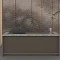 Hotel Front Desk Modern Design With Marble Countertop Geometric Pattern Backdrop And Potted Plant