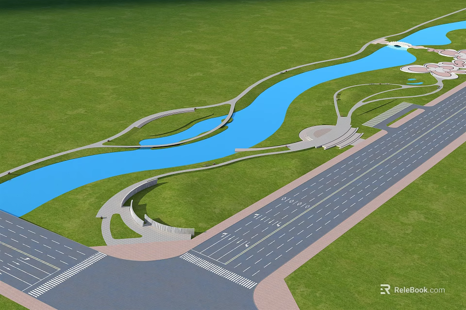 Municipal Road With Curved Layout Green Lawn And Blue Waterway Landscape Design 3d model 