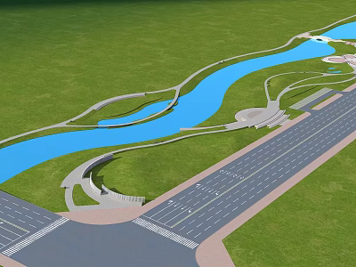 Municipal Road With Curved Layout Green Lawn And Blue Waterway Landscape Design 3d model