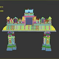Ornate Colorful Hindu Style Gateway in Landscape with Decorative Top Multicolored Pillars and Reflection