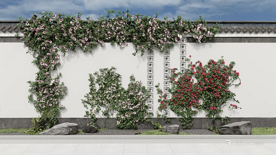 Flowering Vines Adorn White Wall In Traditional Courtyard With Rocks 3d model 