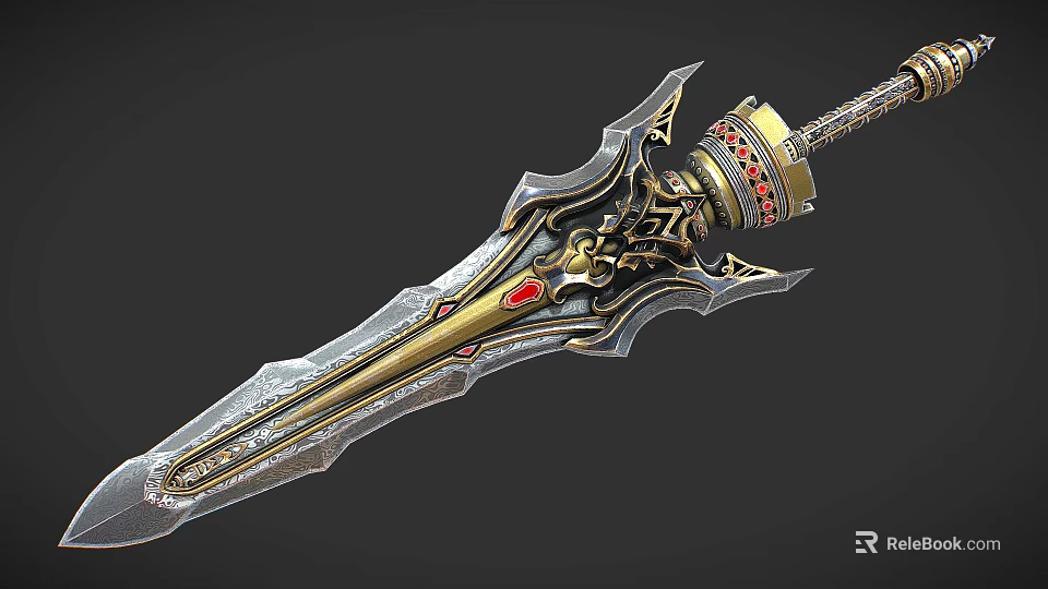 Ornate Medieval Sword With Metallic Finish Red Gemstone And Intricate Carvings 3d model 