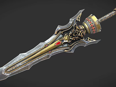 Ornate Medieval Sword With Metallic Finish Red Gemstone And Intricate Carvings 3d model