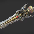 Ornate Medieval Sword With Metallic Finish Red Gemstone And Intricate Carvings