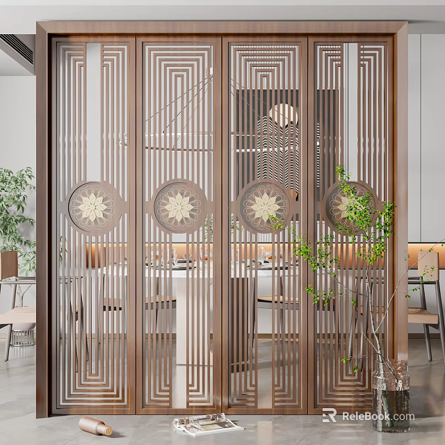 Elegant Wooden Room Divider With Geometric Patterns And Round Motifs In Modern Dining Area 3d model 