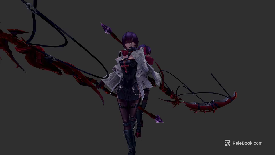 Purple Haired Game Character in Black White Outfit with Red Accents Large Bow Standing Stance 3d model 