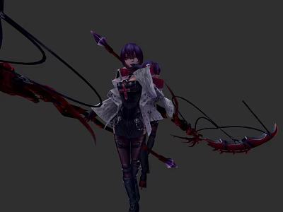 Purple Haired Game Character in Black White Outfit with Red Accents Large Bow Standing Stance 3d model