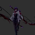 Purple Haired Game Character in Black White Outfit with Red Accents Large Bow Standing Stance
