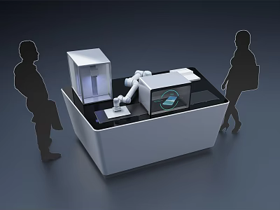 Automated Workstation With Robotic Arm And Human Silhouettes In Modern Setting 3d model