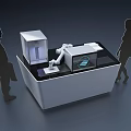 Automated Workstation With Robotic Arm And Human Silhouettes In Modern Setting
