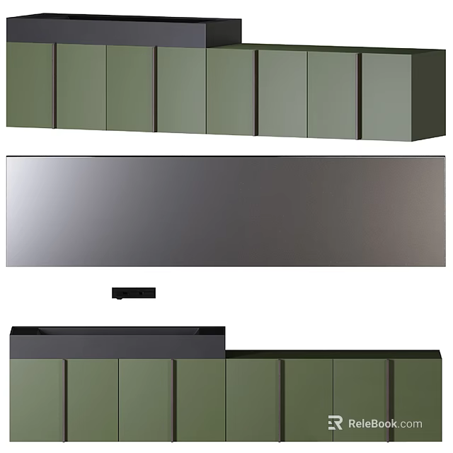 Modern Bathroom Vanity With Green Cabinets Black Countertop And Large Mirror 3d model 