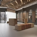 Modern Interior Showroom With Wooden Display Panels Reception Counter And Wavy Ceiling Design