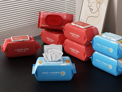 Assorted Cleaning Wipes Packs Display On Table 3d model