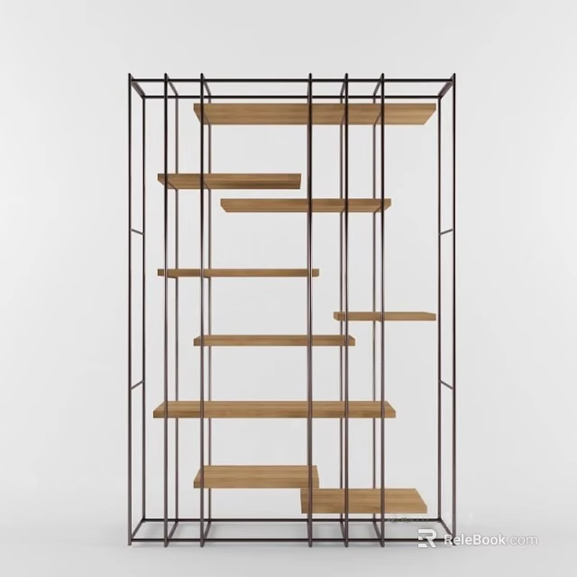 Modern Open Shelf Unit With Metal Frame And Wooden Multi Tier Storage 3d model 