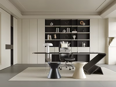 Modern Minimalist Study Room Interior With Dark Bookshelf Desk Chair And Decorations 3d model