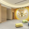 Modern School Lobby Interior With Colorful Round Sofas Green Plants And Bookshelves