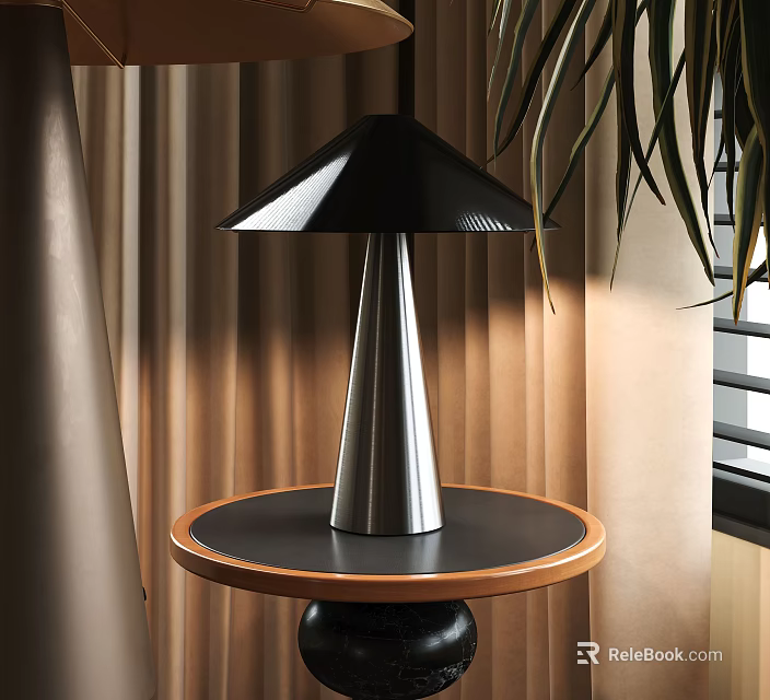 Modern Black Shade Table Lamp with Silver Base on Round Black Tabletop Wooden Edge 3d model 