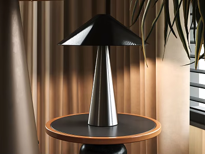 Modern Black Shade Table Lamp with Silver Base on Round Black Tabletop Wooden Edge 3d model