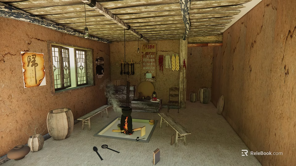 Traditional Rural Interior With Earthen Walls Wooden Roof Fire Pit Benches And Barrels 3d model 