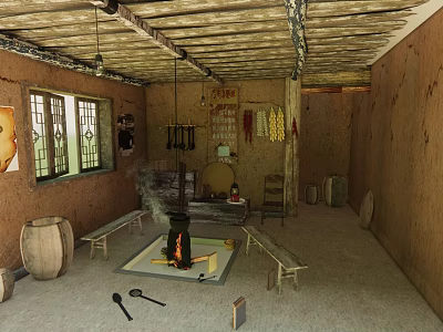 Traditional Rural Interior With Earthen Walls Wooden Roof Fire Pit Benches And Barrels 3d model