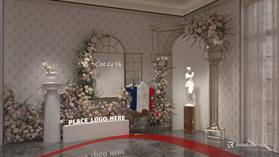 Event Entrance with Floral Decorations Logo Placement Area Elegant Statue and Arched Structure Design 3d model 