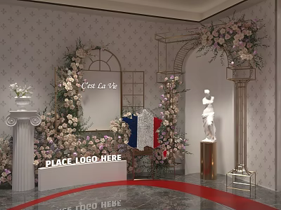 Event Entrance with Floral Decorations Logo Placement Area Elegant Statue and Arched Structure Design 3d model