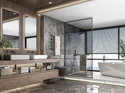 Modern Bathroom Interior With Double Sink Vanity Wooden Accents Marble Walls And Glass Shower 3d model