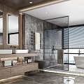 Modern Bathroom Interior With Double Sink Vanity Wooden Accents Marble Walls And Glass Shower