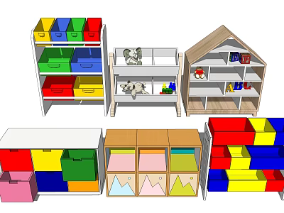Various Colorful Storage Cabinets With Multi Layer Shelves And Wooden Frames 3d model