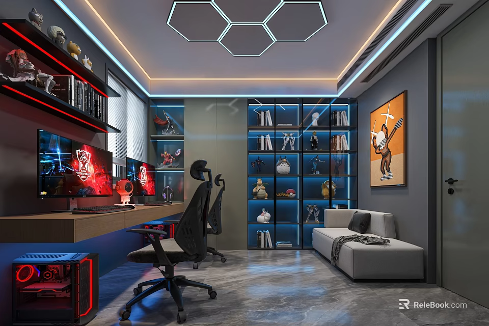 Modern Entertainment Room With Gaming Monitors Bookshelves Sofa Guitar Decor And Hexagon Lighting 3d model 