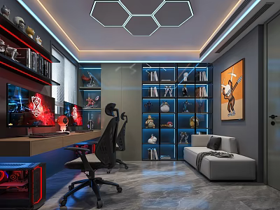 Modern Entertainment Room With Gaming Monitors Bookshelves Sofa Guitar Decor And Hexagon Lighting 3d model