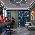Modern Entertainment Room With Gaming Monitors Bookshelves Sofa Guitar Decor And Hexagon Lighting