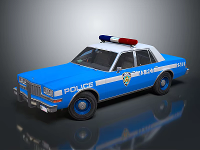 Blue And White Police Car With Flashing Lights Badge And POLICE Lettering 3d model