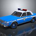 Blue And White Police Car With Flashing Lights Badge And POLICE Lettering