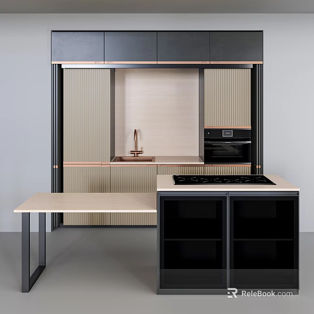 Modern Kitchen With Black And Beige Cabinets Copper Faucet And Built In Appliances 3d model 