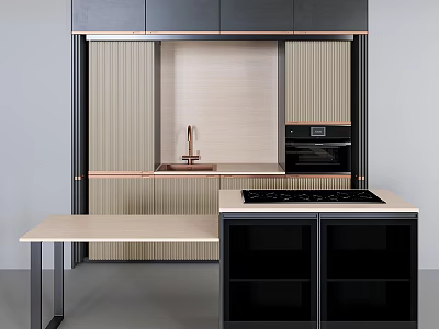 Modern Kitchen With Black And Beige Cabinets Copper Faucet And Built In Appliances 3d model