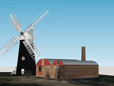 Traditional Windmill Structure With Red Brick Building Chimney And Metal Roof 3d model