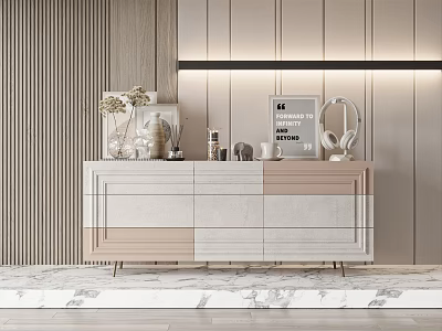Modern Entryway Sideboard Cabinet Interior Design With Wooden Panel Metal Legs And Decorative Ornaments 3d model