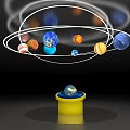 Planets Orbiting Around Globe in Yellow Bucket on Black Background 3d model