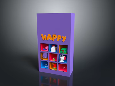 Purple Box with HAPPY Text and Colorful Small Toy Figures in Compartments 3d model