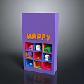 Purple Box with HAPPY Text and Colorful Small Toy Figures in Compartments