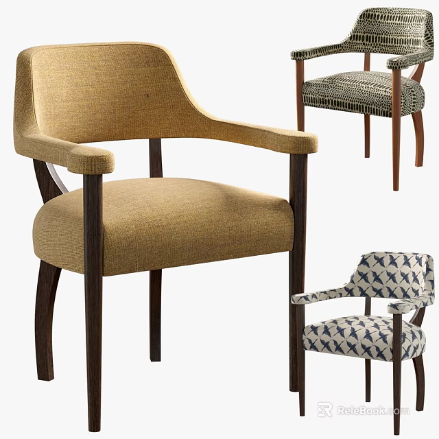 Accent Chairs With Upholstered Seats Wooden Legs Tan Fabric And Patterned Designs 3d model 